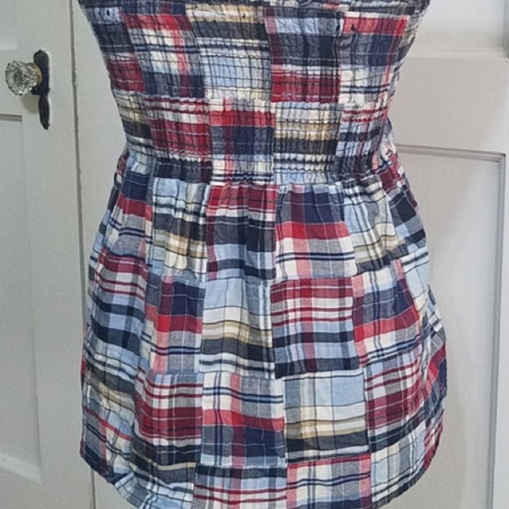 Red White and Navy Blue Patchwork Plaid Loft Ruched Tube Top